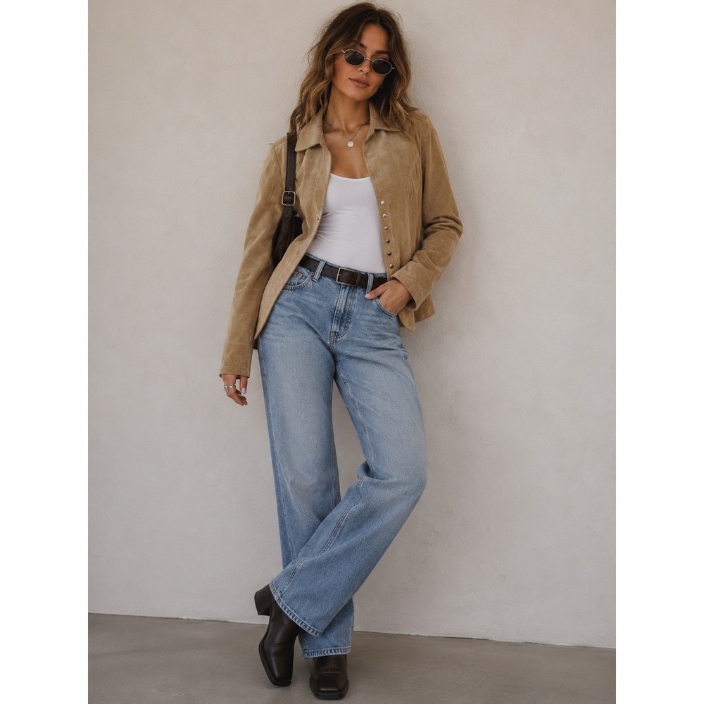 Live a Little Tan Suede Leather Jacket Snap Front Western Boho Women Large